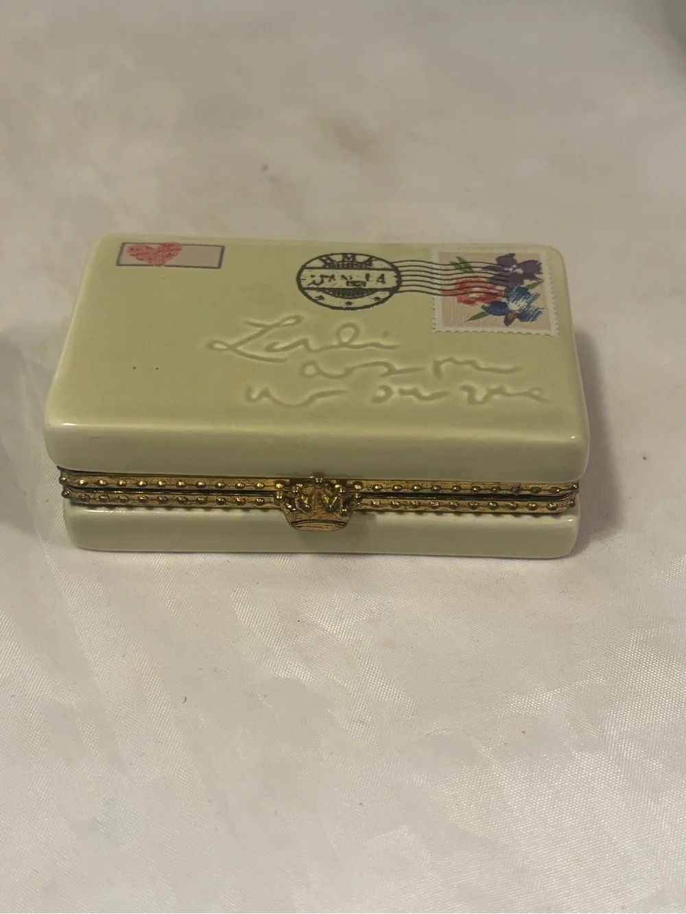 Porcelain Trinket Box with Postage Motif - Light Green